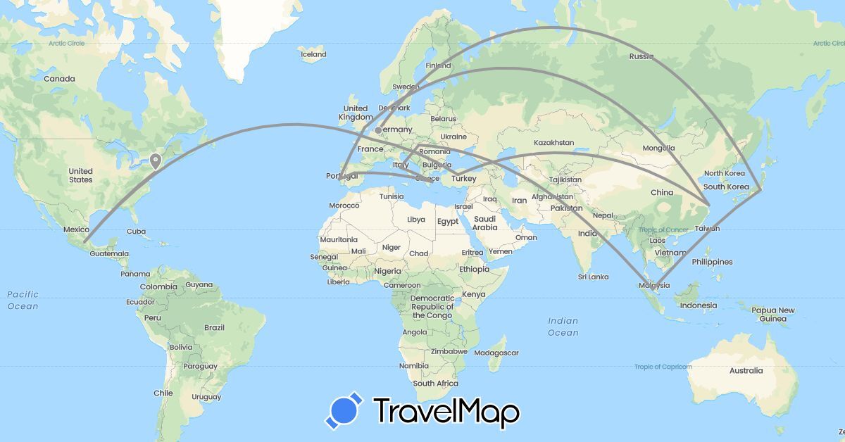 TravelMap itinerary: plane in Belgium, China, Spain, France, United Kingdom, Greece, Hungary, Italy, Japan, Mexico, Malaysia, Portugal, Turkey, United States (Asia, Europe, North America)